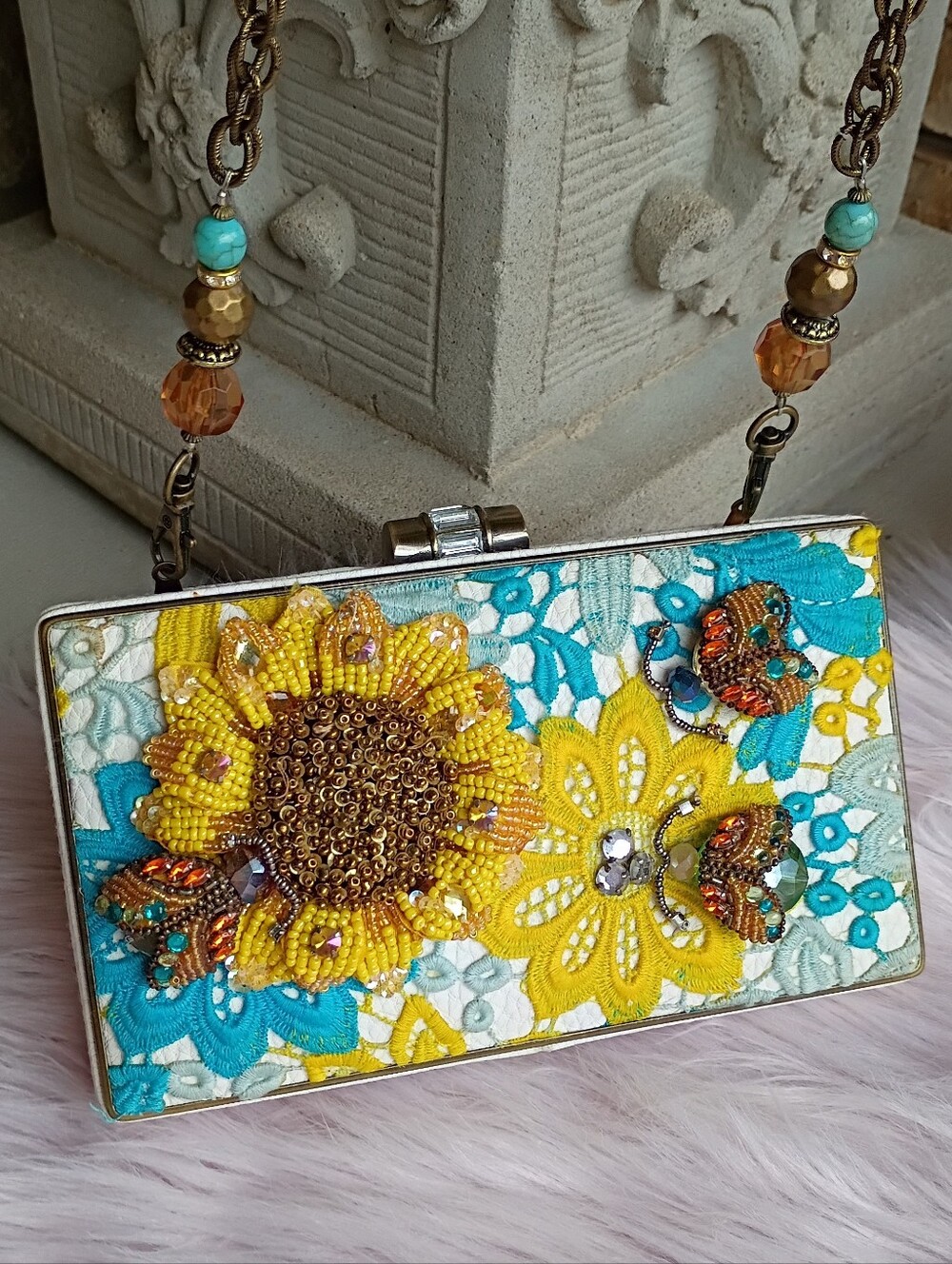 Mary Frances Blue Yellow Beaded Embroidered Floral Sunflower Insect Bag